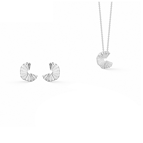 Spiral design pendant and earrings with textured surface, matching set on a delicate chain.