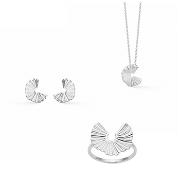 Jewelry set with fan-like ring, crescent earrings, and pendant on chain; elegant silver tones.
