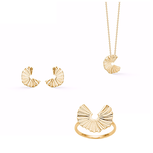 Gold jewelry set with fan-like texture; includes earrings, pendant on chain, and ring.