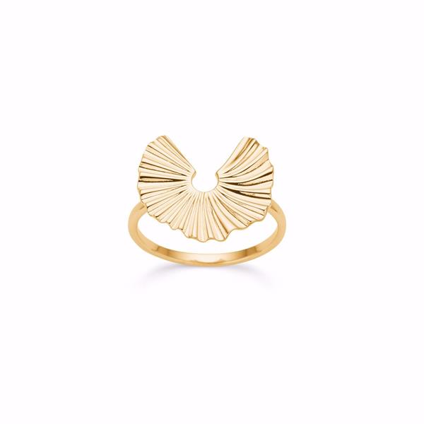 Gold ring with a fan-like, ribbed, semi-circular top design, open in the center.