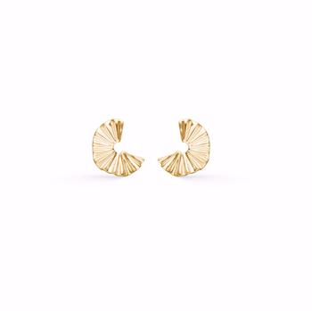 Fan-shaped gold earrings with a textured surface and stud, suitable for chain attachment.
