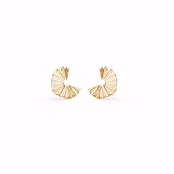 Fan-shaped gold earrings with a textured surface and stud, suitable for chain attachment.