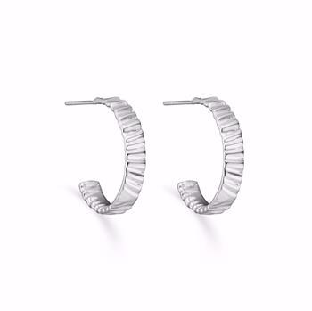 Ribbed, textured, partial hoop earrings with a sleek, silver finish, moderate in size.