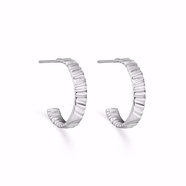 Ribbed, textured, partial hoop earrings with a sleek, silver finish, moderate in size.