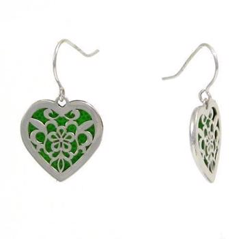 Green luminescent silver heart earrings