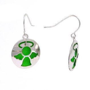 Green luminous saint silver heart earrings