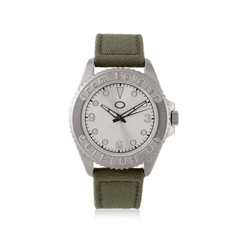 Silver watch with green canvas strap, engraved bezel, and minimalist dial with hour markers.