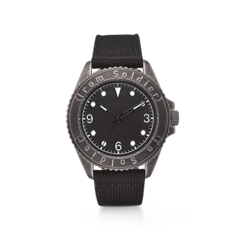 Black canvas strap watch with "from Soldier to Soldier" engraved bezel and white markers.
