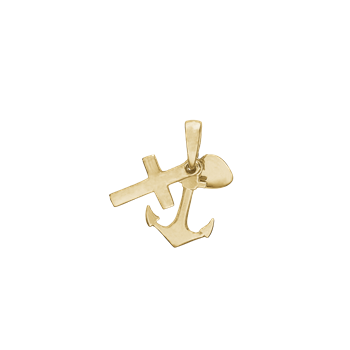 Gold-finished pendant with interconnected cross, anchor, and heart symbols.