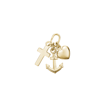 Three polished charms: cross, anchor, heart, linked on a loop; shiny and reflective appearance.