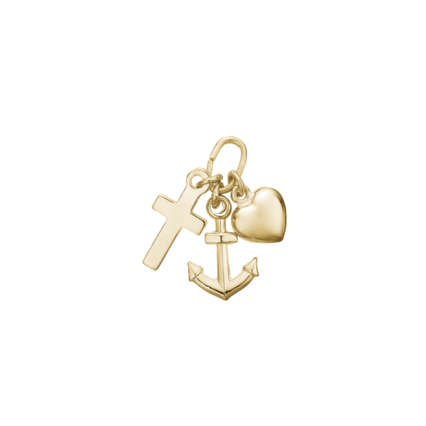 Three polished charms: cross, anchor, heart, linked on a loop; shiny and reflective appearance.