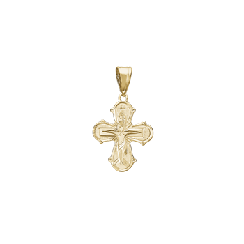 Gold cross pendant with detailed relief, ornate edges, and a loop for attaching to a chain.