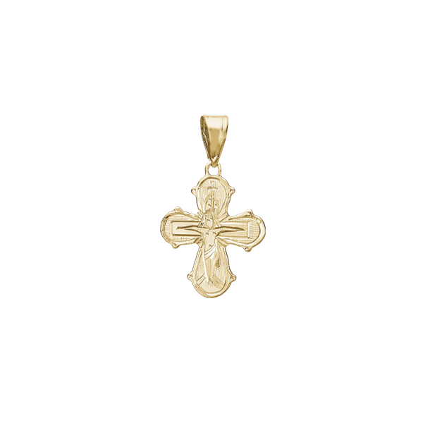 Gold cross pendant with detailed relief, ornate edges, and a loop for attaching to a chain.
