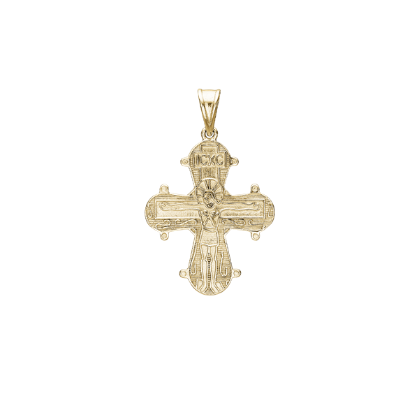 Gold cross pendant featuring intricate engravings, central figure, "IC XC" text, and top loop.