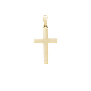Gold-colored cross pendant with smooth surface and top loop for chain attachment.