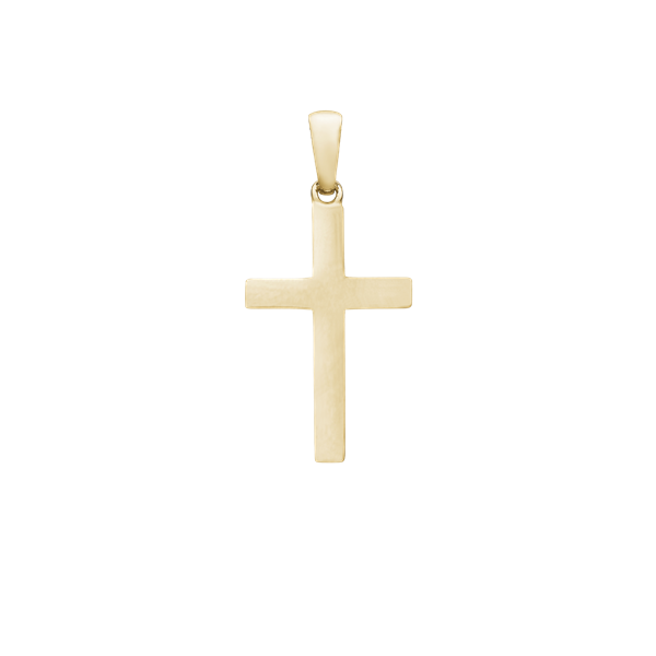Gold-colored cross pendant with smooth surface and top loop for chain attachment.