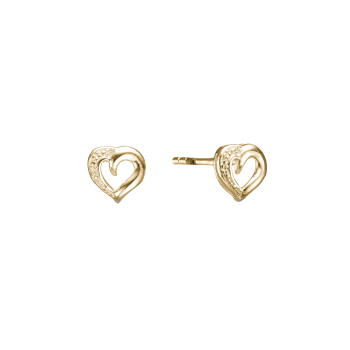 Gold heart-shaped stud earrings with one textured side and a visible post.