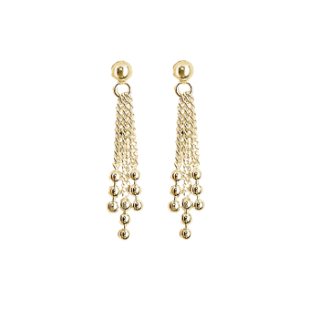 Gold earrings with spherical studs, cascading chains, and small beads at chain ends.