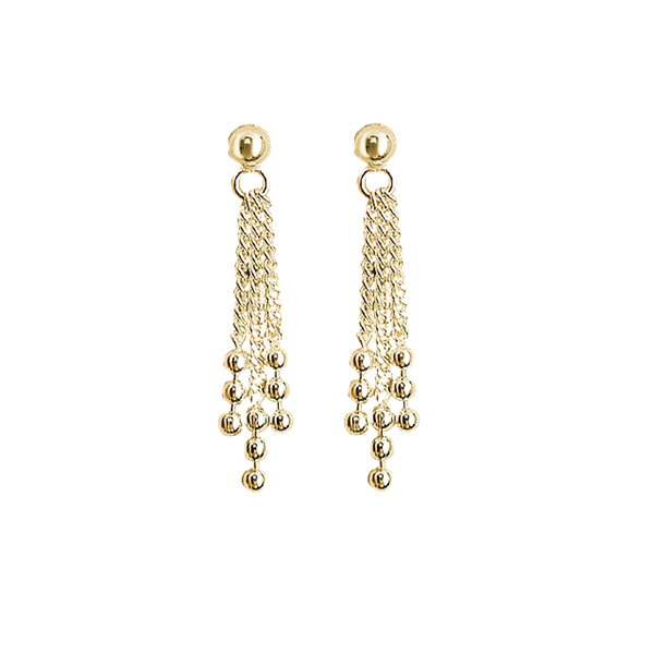 Gold earrings with spherical studs, cascading chains, and small beads at chain ends.