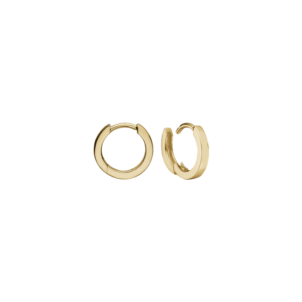 Gold circular earrings with a shiny finish; one is open, revealing a clasp for fastening.