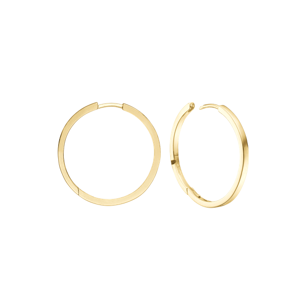 Pair of smooth, polished circular hoop earrings, 20mm, with visible clasp on one earring.