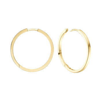 Gold hoop earrings, 26mm diameter, polished finish with clasp closure, shown in open and closed views.