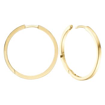 Gold circular hoop earrings, smooth finish, one open to show clasp.