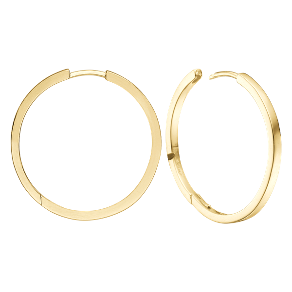 Gold circular hoop earrings, smooth finish, one open to show clasp.