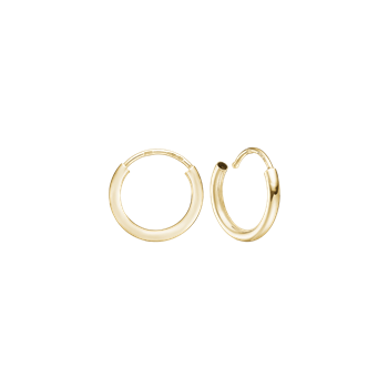 Gold-tone circular hoop earrings, one open, one closed, smooth and polished surface.