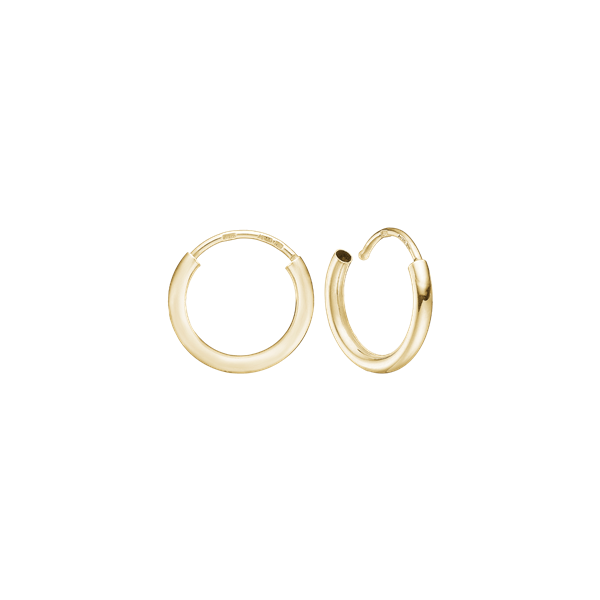 Gold-tone circular hoop earrings, one open, one closed, smooth and polished surface.