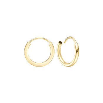 Two gold-colored hoop earrings, one open showing closure, both with a smooth, shiny finish.