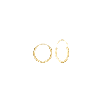 Two gold-colored hoop earrings, one closed and one open, showing clasp; smooth finish.