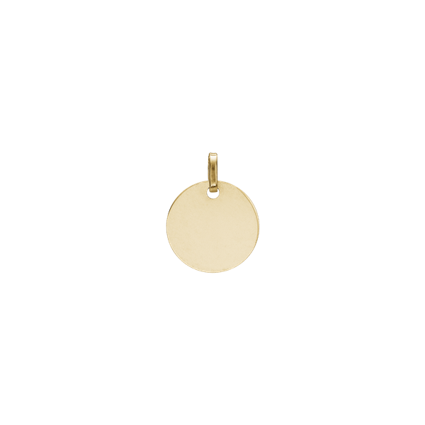 Gold round pendant with a smooth, shiny surface and a small loop at the top for attachment.