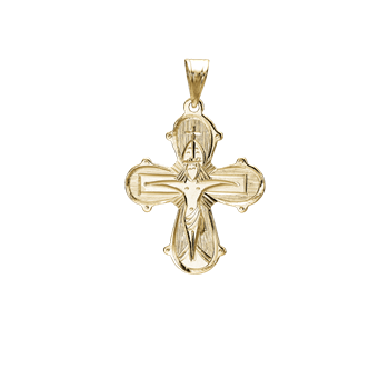Gold cross pendant with religious figure, rounded edges, and chain loop at top.