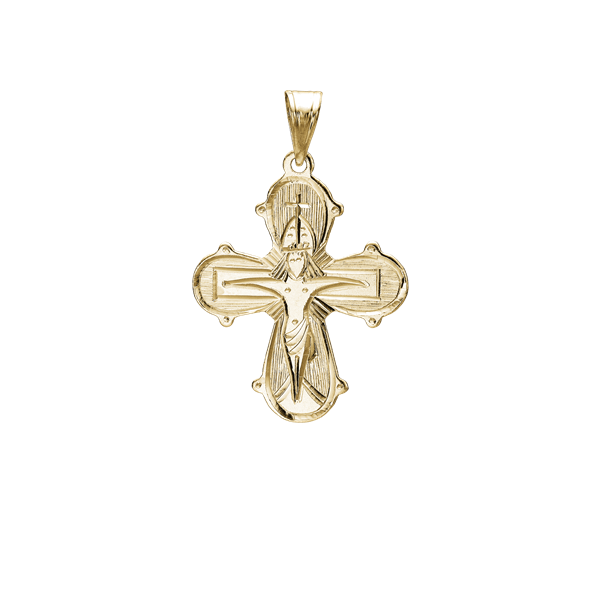 Gold cross pendant with religious figure, rounded edges, and chain loop at top.