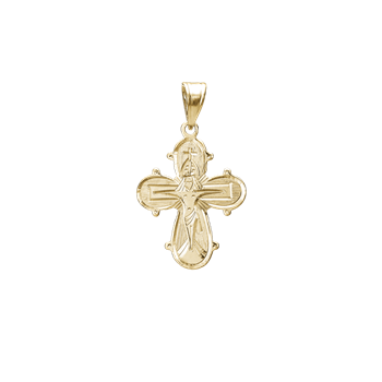 Gold cross pendant with engraved figure in center and loop at top for attaching to a chain.
