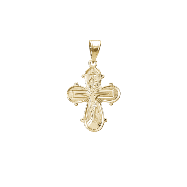 Gold cross pendant with engraved figure in center and loop at top for attaching to a chain.