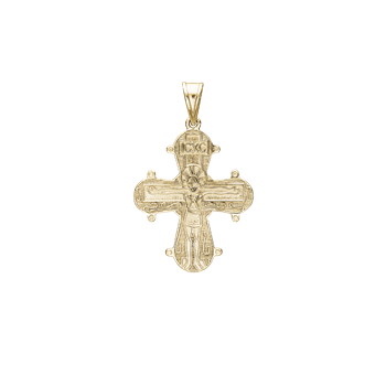 Gold cross pendant with intricate design, central figure with outstretched arms, text at the top.