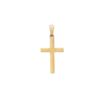 Gold cross-shaped pendant with a smooth design and a loop for attaching to a chain.