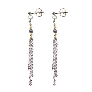 Long silver chain earrings with dark gray beads and gold accents, featuring triple cascading strands.