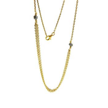 Gold-plated necklace with two raw anthracite diamonds, multi-strand section, and clasp.
