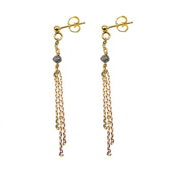 Gold-plated earrings with anthracite diamonds, three chains, on a white background.