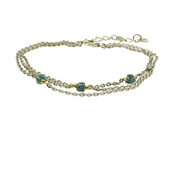 Three-row bracelet with blue-green stones, gold accents, and extension chain for adjustable fit.