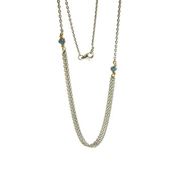 Triple-strand necklace with blue-green stones, silver-toned chains, and gold accents.