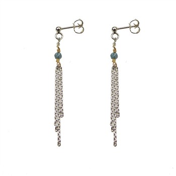 Long dangle earrings with silver chains, blue-green diamonds, and gold accents, attached by stud posts.