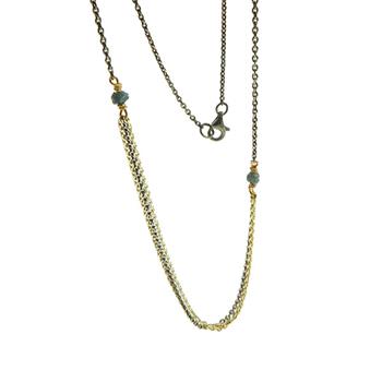 Gold and dark chain necklace with blue-green stones and multiple strands on a white background.