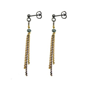 Gold and black rhodium earrings with blue-green stones and cascading chains.