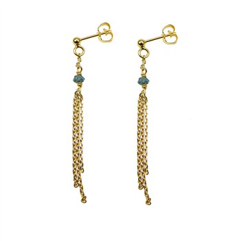Gold dangle earrings with three chains and blue-green stones at the top, secured by stud posts.