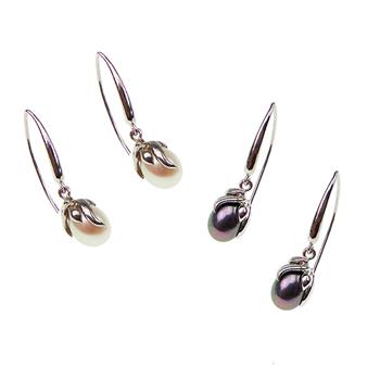 Two sets of rhodium-plated earrings with white and black freshwater pearls, elegant and shiny design.