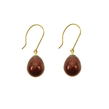 Gold drop earrings with chocolate pearls on white background, elegant and simple design.